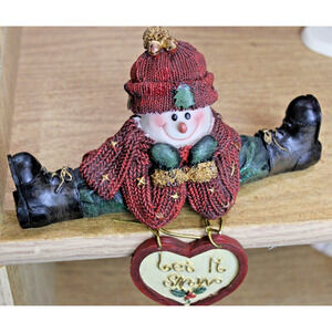 Resin Figurine Shelf Sitter Man Maroon Sweater Hanging Sign Let It Snow• 4" Tall